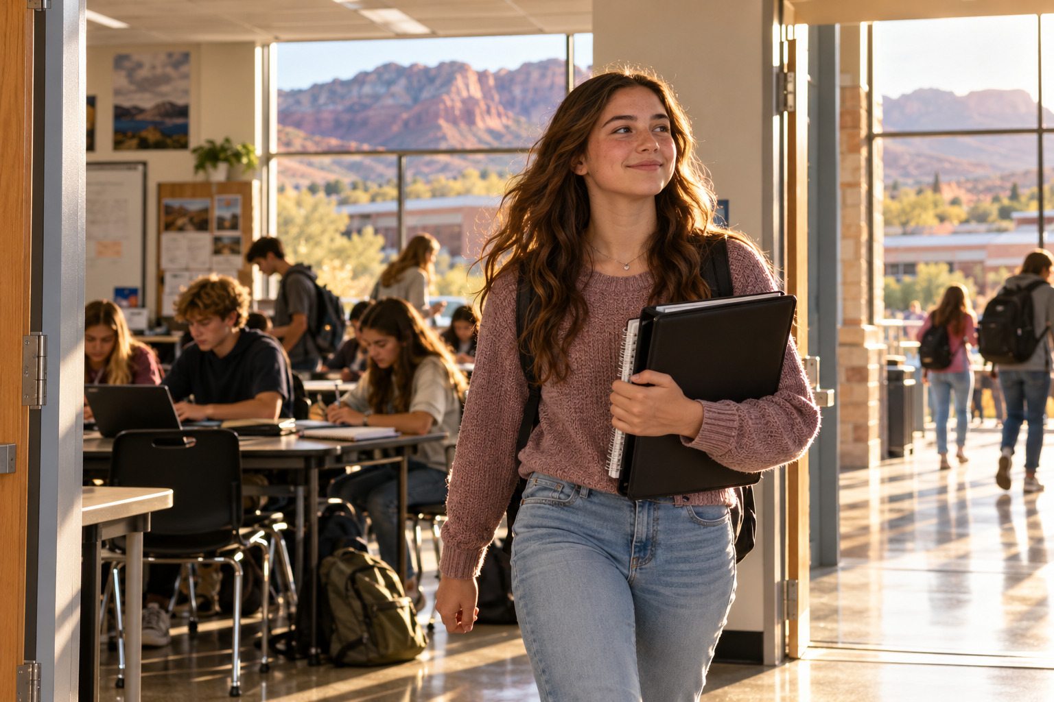 Teenage girl leaving class with a completed portfolio and quiet confidence